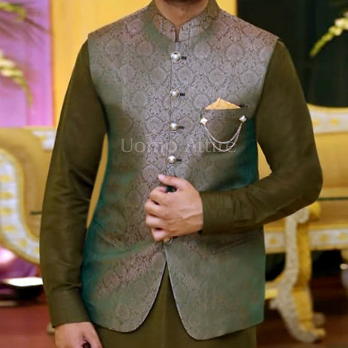 Luxury Indian Imported Self Jama War Customized Waistcoat for Groom