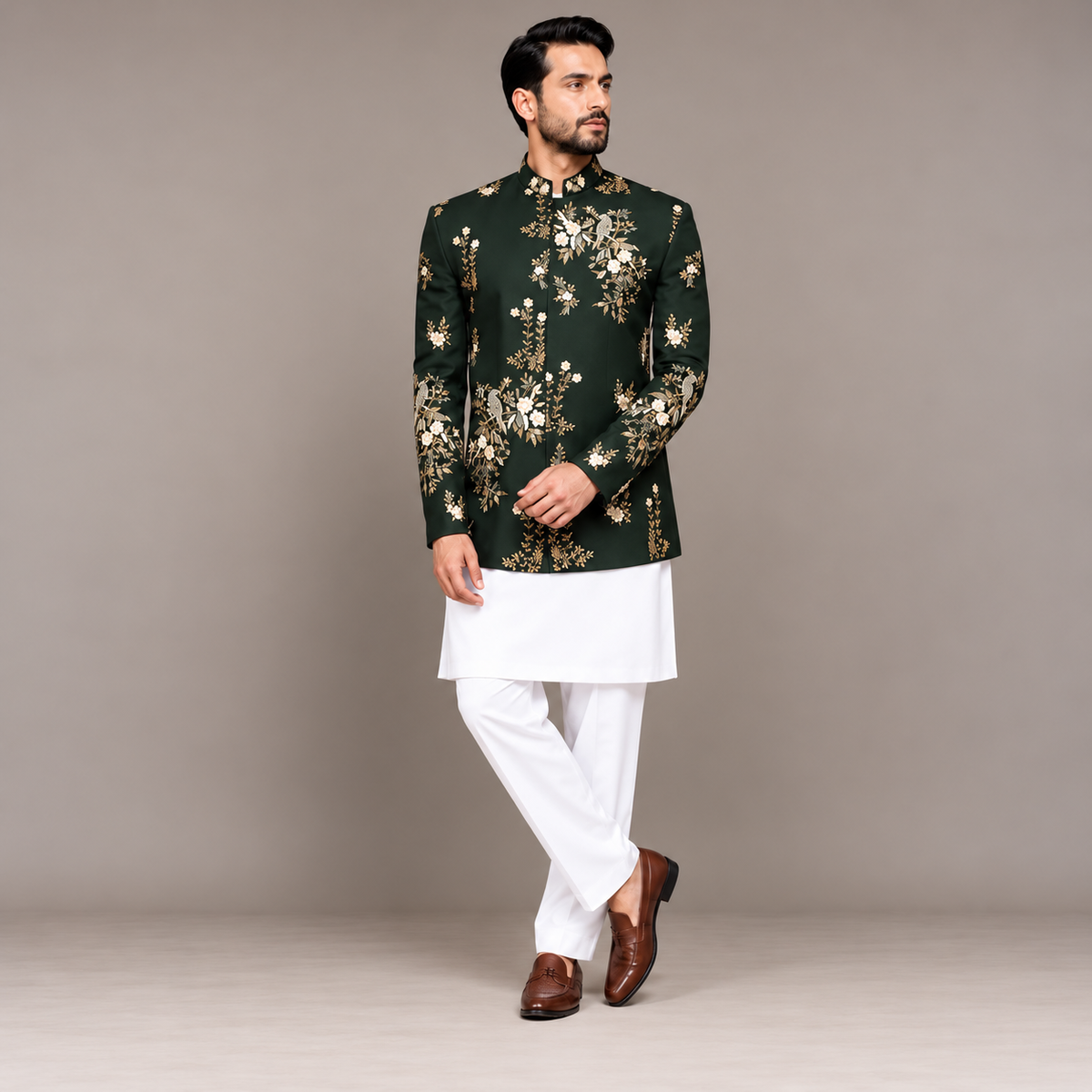 Bottle Green Hand Embellished Prince Coat for Groom