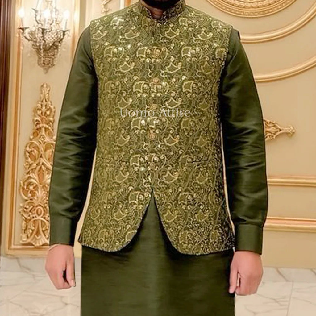 Men's Luxury Olive Green Embroidered Waistcoat Kurta Set