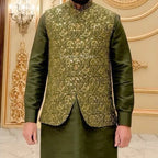 Men's Luxury Olive Green Embroidered Waistcoat Kurta Set