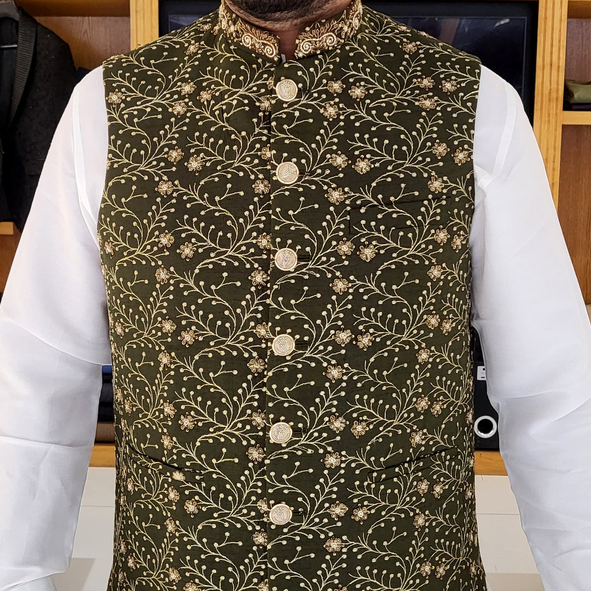 Men's Luxury Olive Green Embroidered Waistcoat