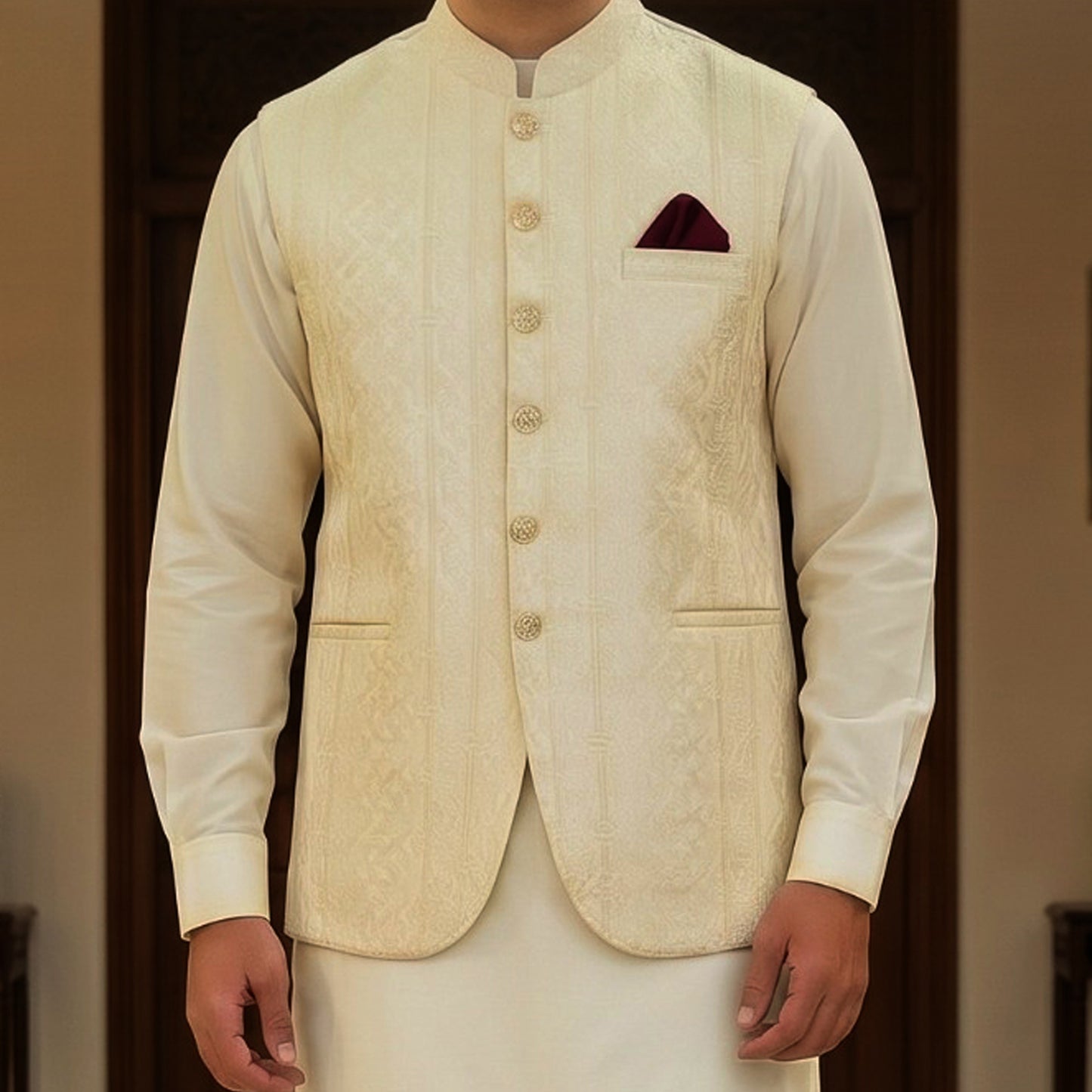 
                  
                    Men's Luxury Off-White Embroidered Waistcoat with White Kurta Pajama
                  
                