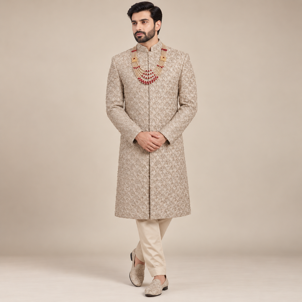 Luxury Champagne Beige Fully Embellished Sherwani for Men | Premium Designer Groom Wear for Wedding & Barat – Uomo Attire