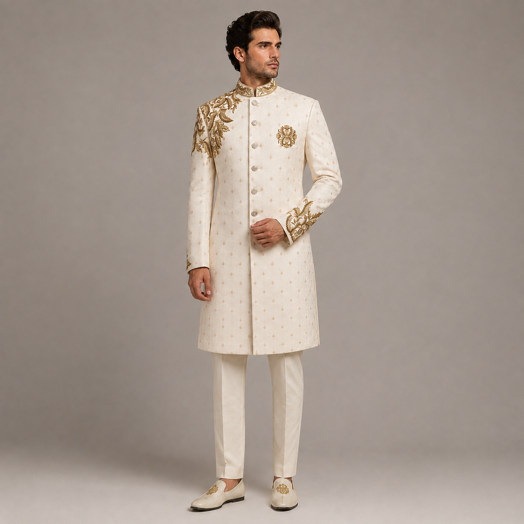 Ivory Groom Sherwani for Men in Karandi Hand Embellishment