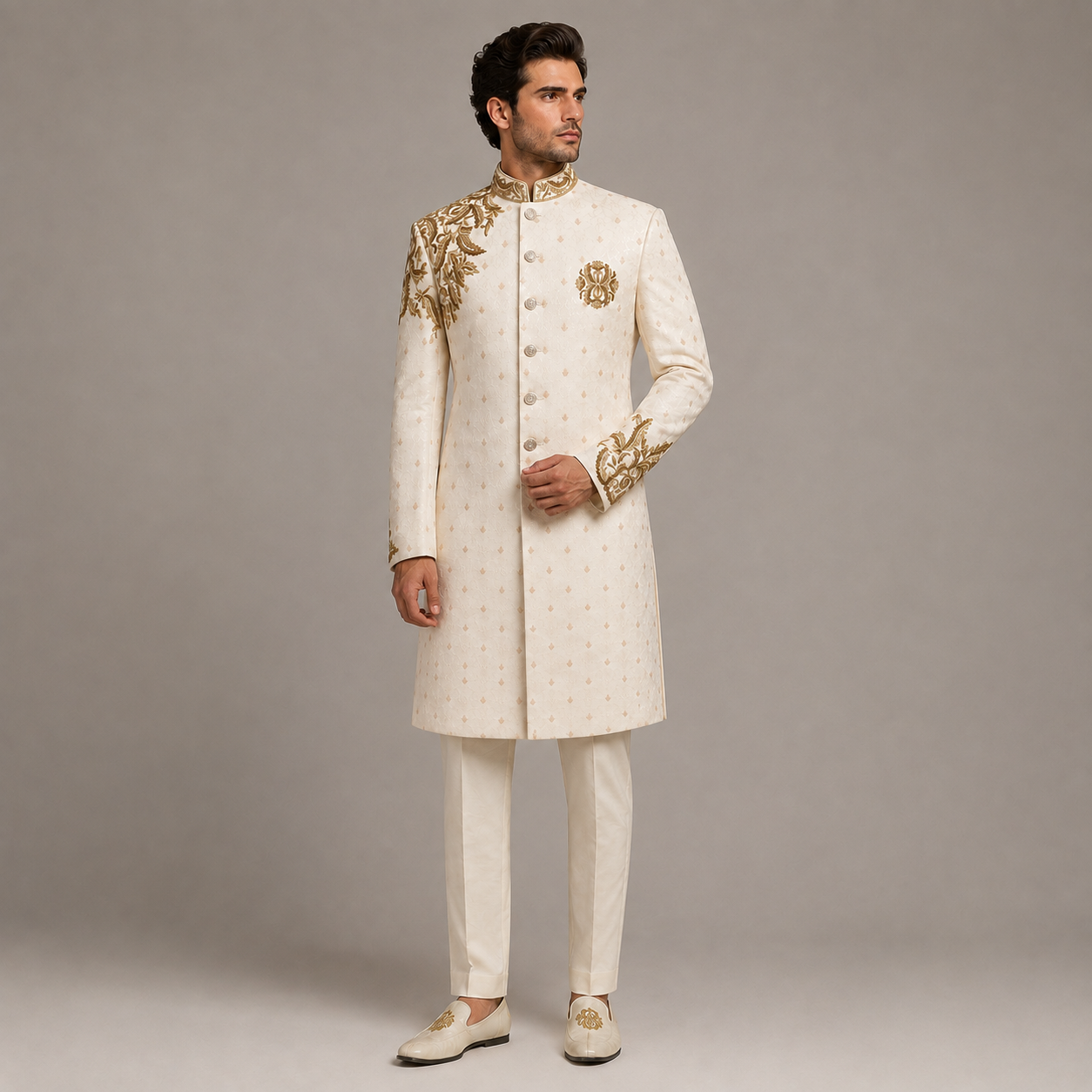 
                  
                    Ivory Groom Sherwani for Men in Karandi Hand Embellishment
                  
                