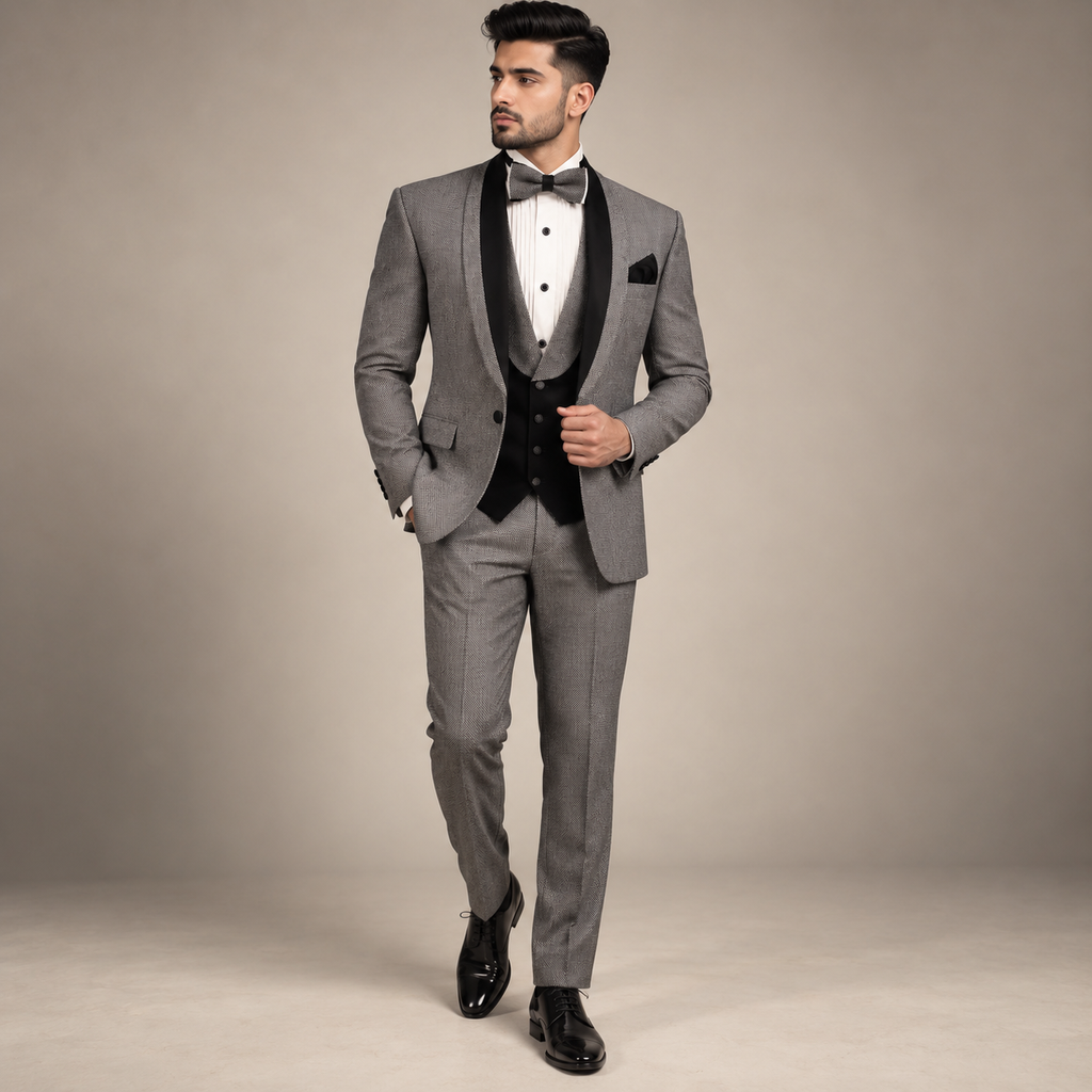 Abito 3 pezzi tuxedo grigio pindot a contrasto