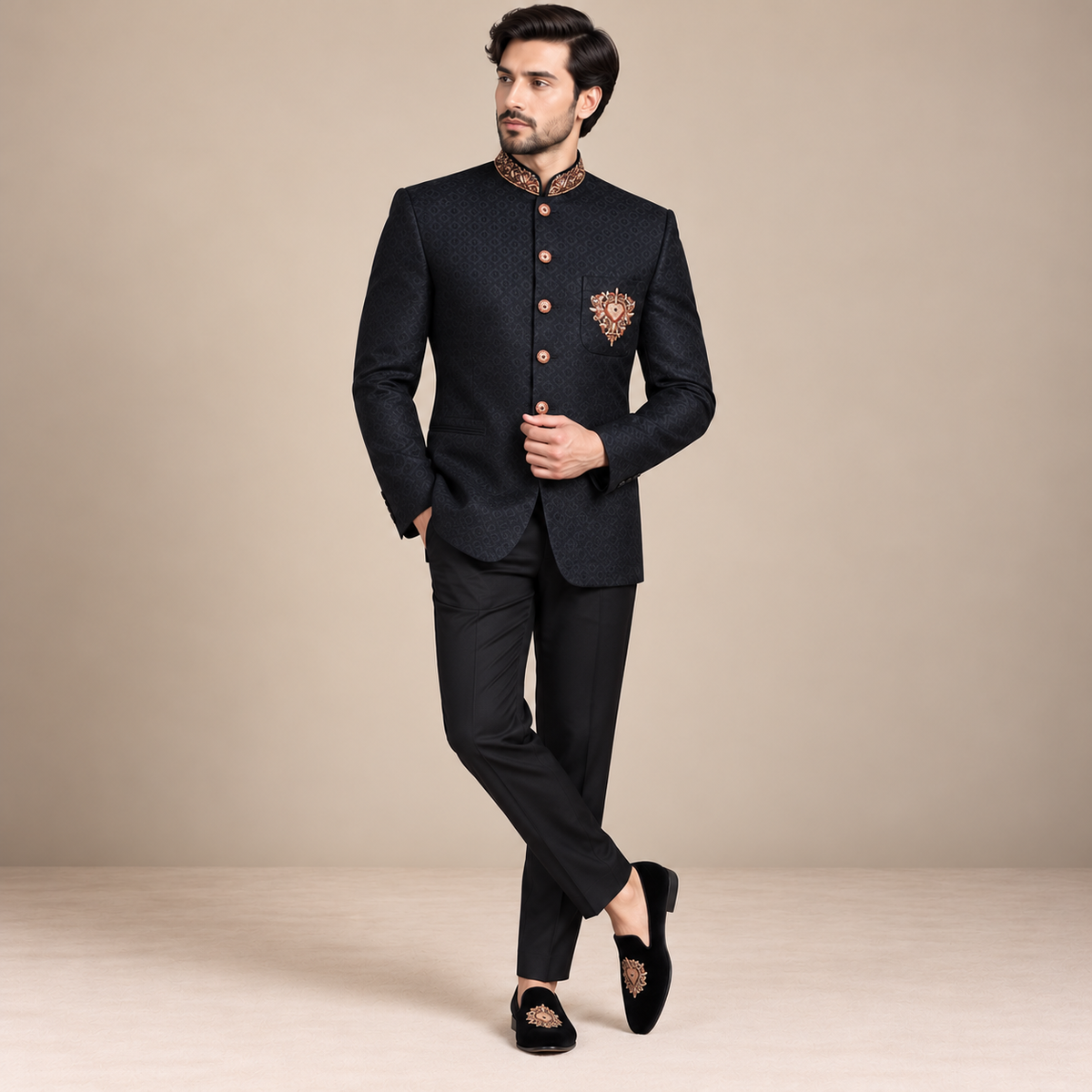 Self design jamawar black prince coat for wedding