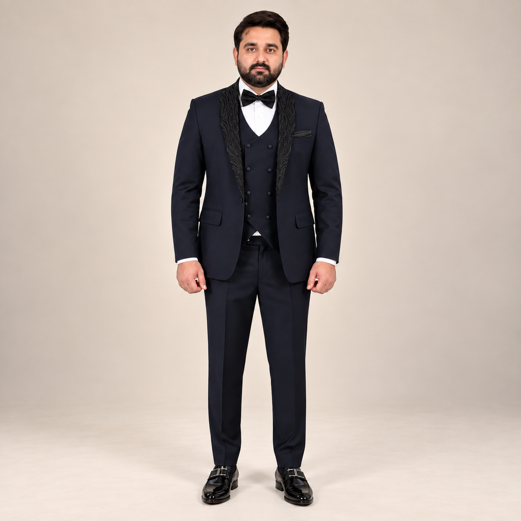 Men's Luxury Navy Blue 3-Piece Tuxedo Suit with Shawl Lapel