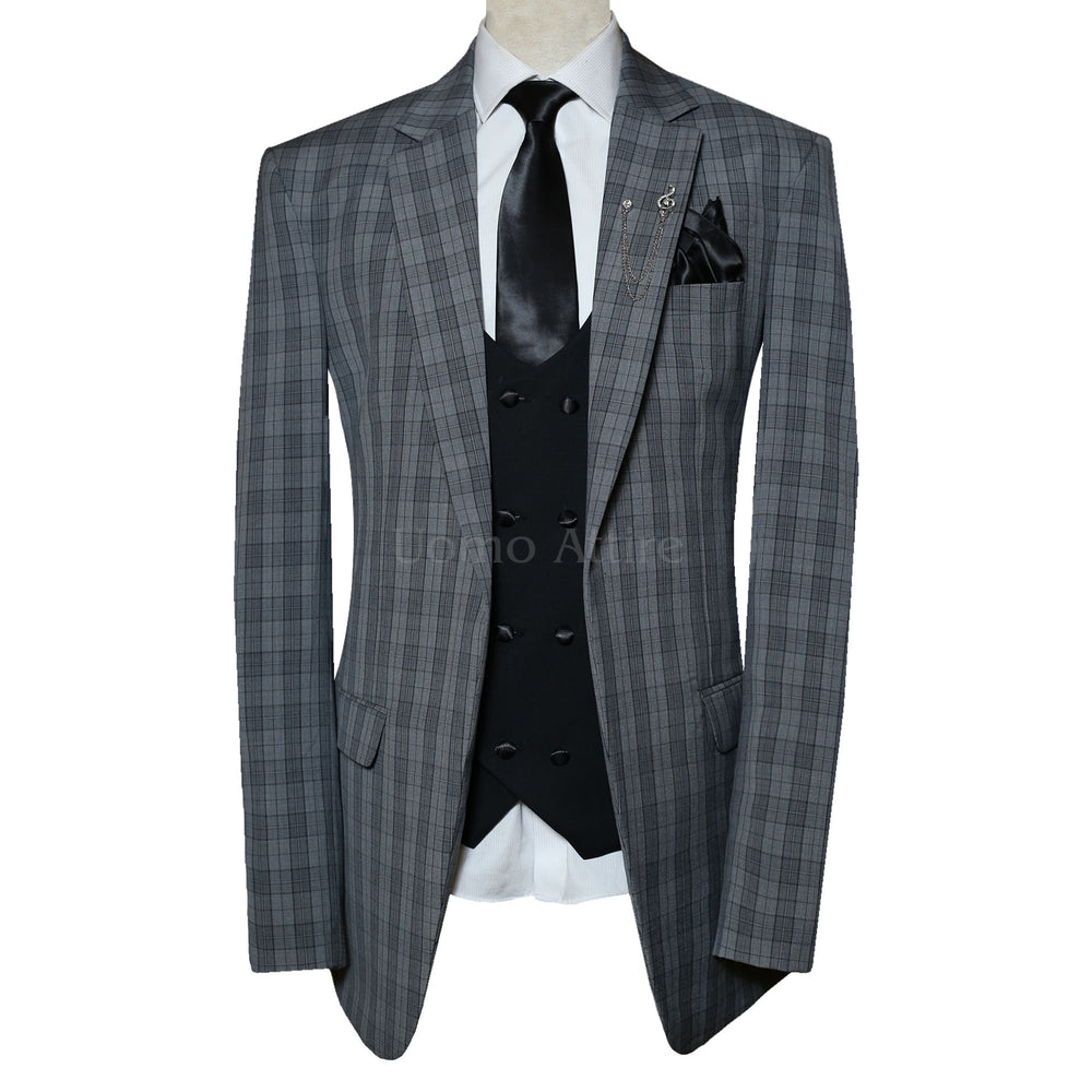 180s Wool Mini Checkered Notch Lapel 3 Piece Suit