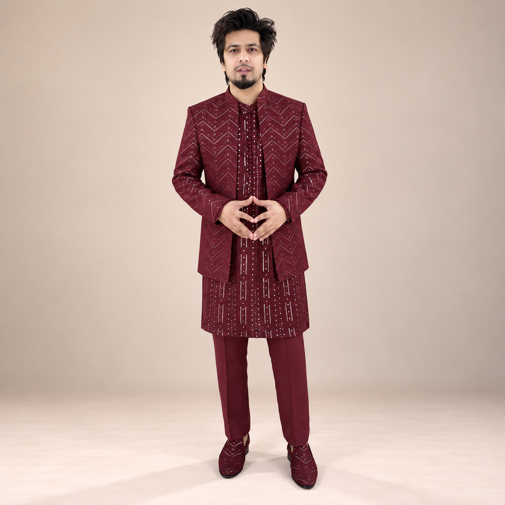 Men's Luxury Maroon Crystal Embroidered Prince Coat