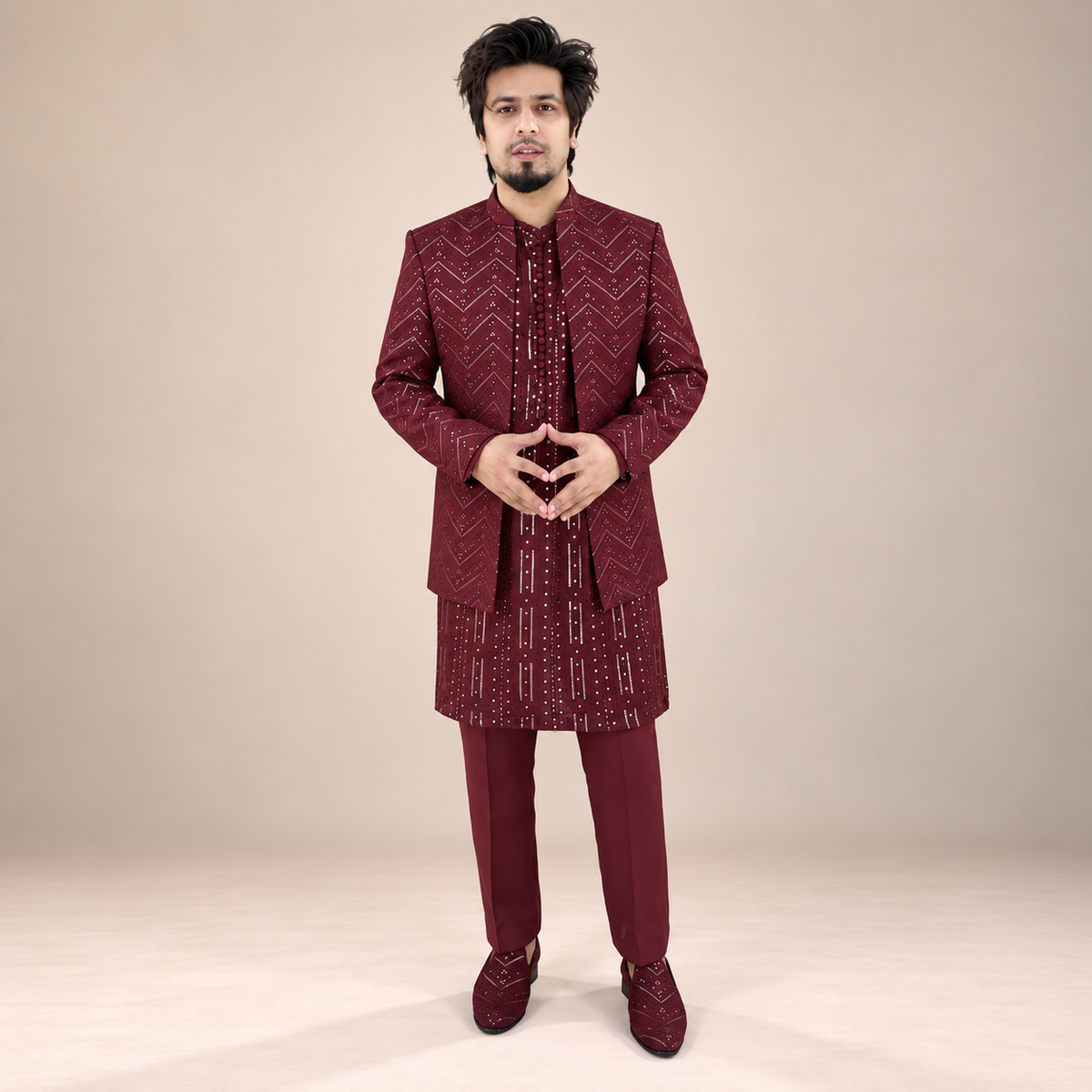 Men's Luxury Maroon Crystal Embroidered Prince Coat