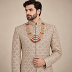 Luxury Champagne Beige Fully Embellished Sherwani for Men | Premium Designer Groom Wear for Wedding & Barat – Uomo Attire