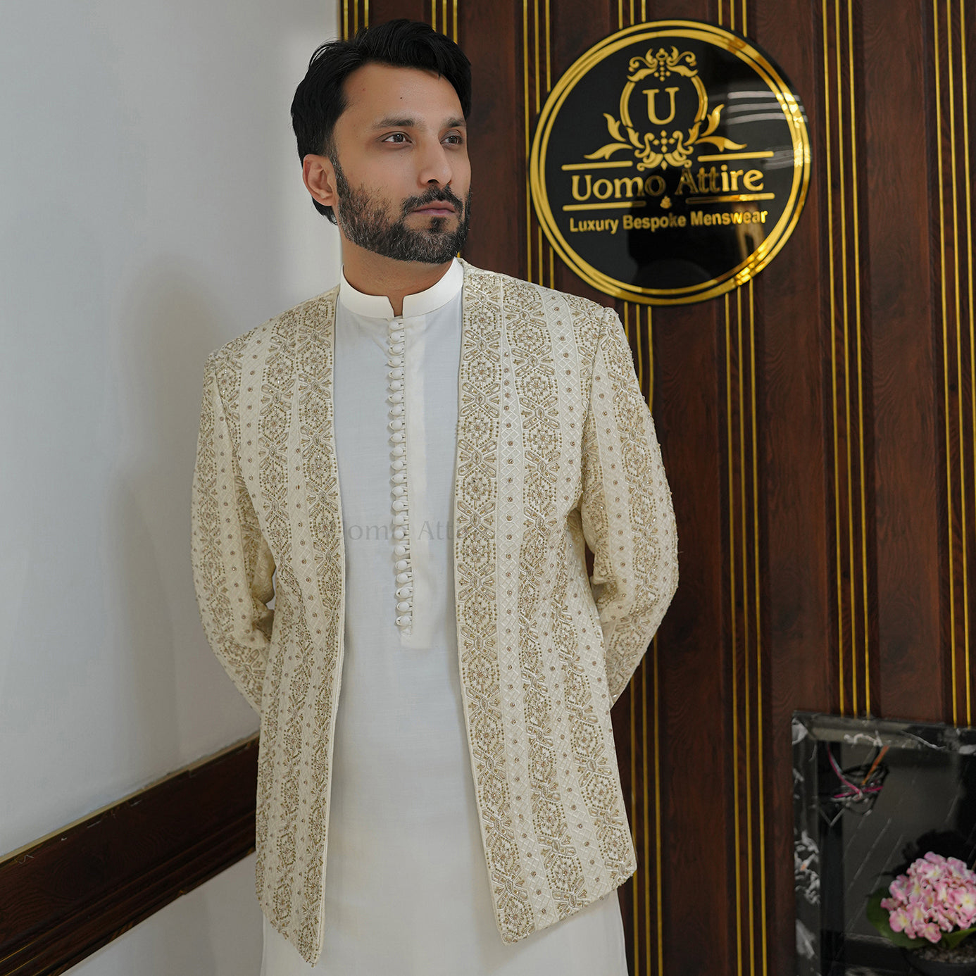 
                  
                    Men's Luxury Off-White Embroidered Prince Coat with White Kurta
                  
                