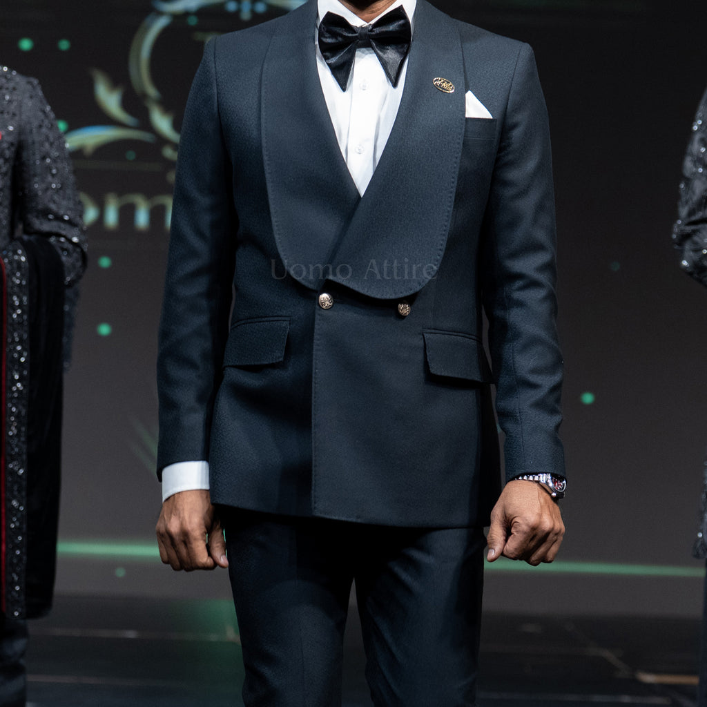 Men's Luxury Self Grey Double-Breasted Tuxedo with Peak Lapel