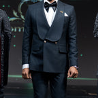 Men's Luxury Self Grey Double-Breasted Tuxedo with Peak Lapel