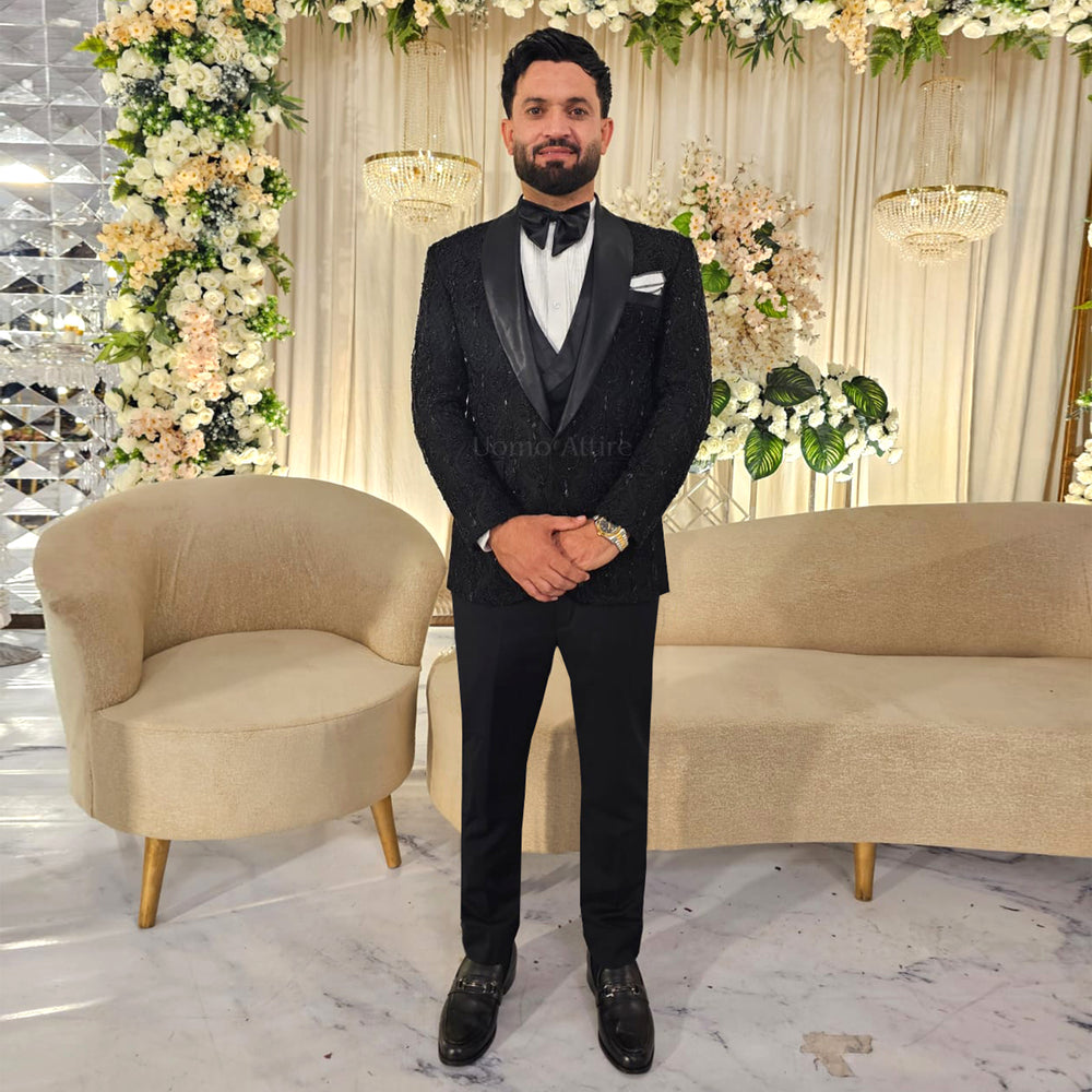 Men's Luxury All-Black Crystal Embroidered Tuxedo with Shawl Lapel