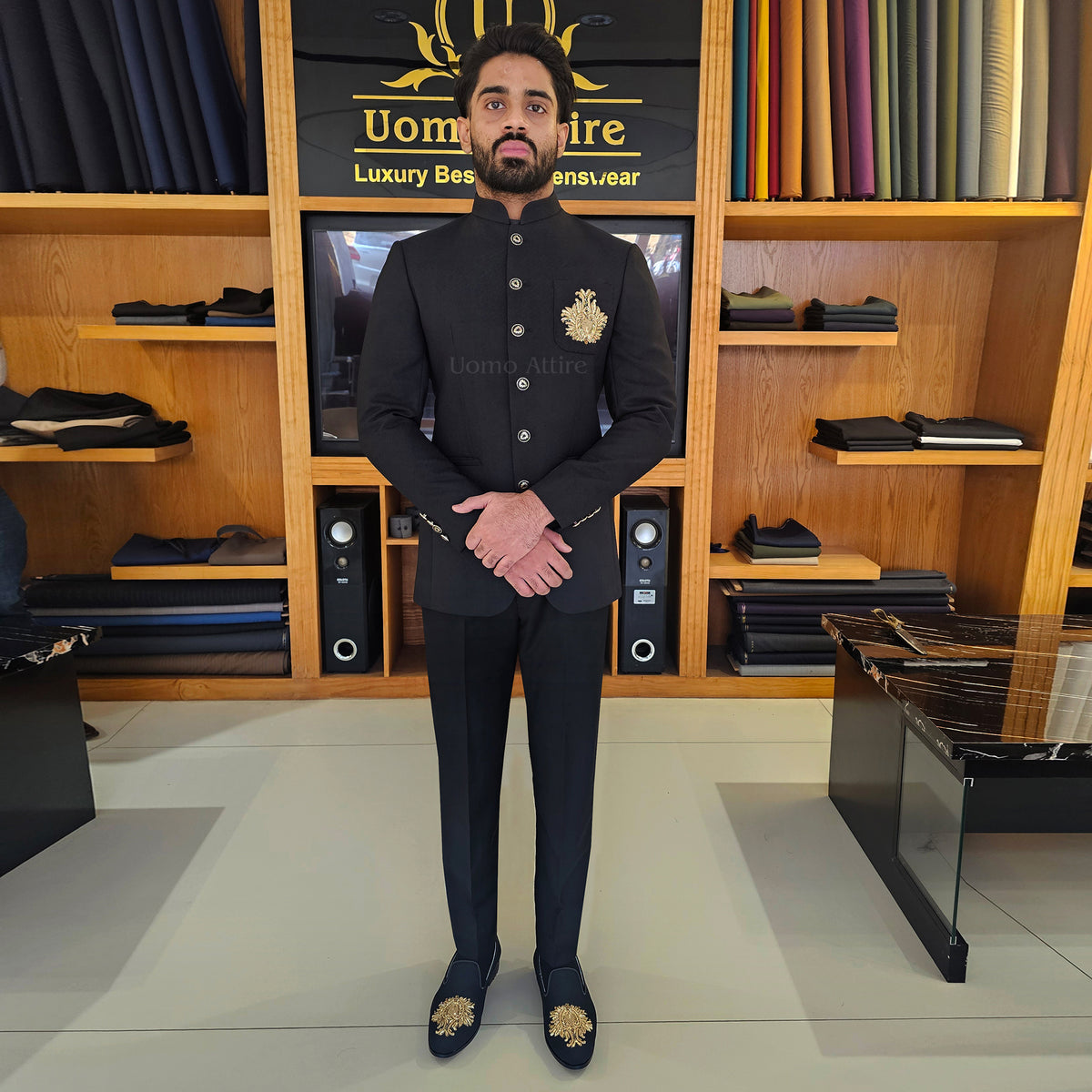 Men's Luxury Black Bandhgala Prince Coat 2-Piece Suit For Premium Groom