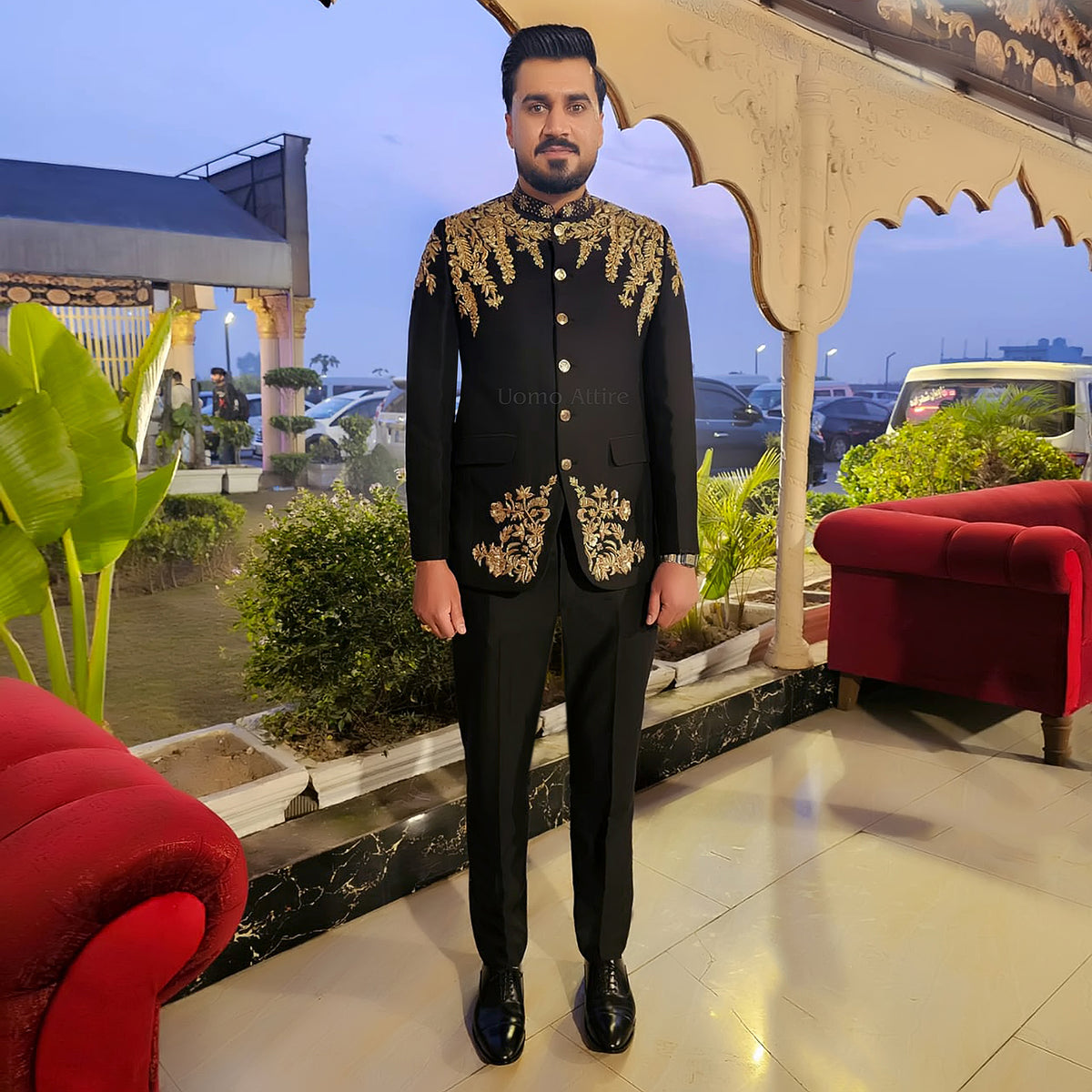 Jet Black Gold Embroidered Prince Coat 2-Piece