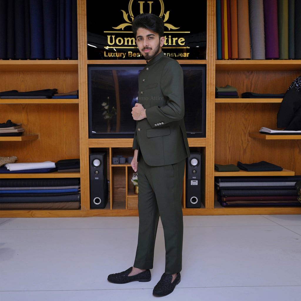 Men's Luxury Olive Green Bandhgala Prince Coat 2 Piece Suit