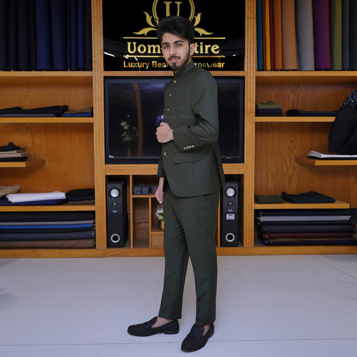 Men's Luxury Olive Green Bandhgala Prince Coat 2 Piece Suit