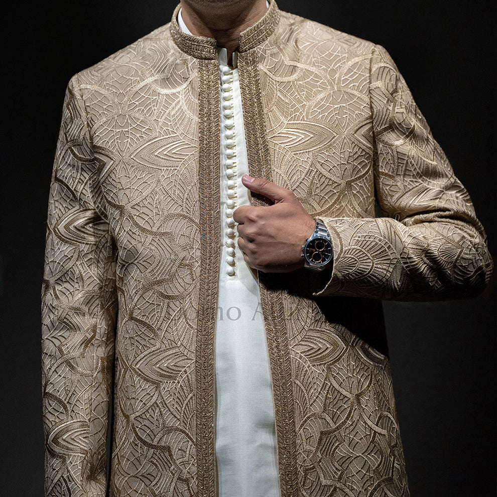 Men's Luxury Golden Beige Short Sherwani with Heavy Embroidery