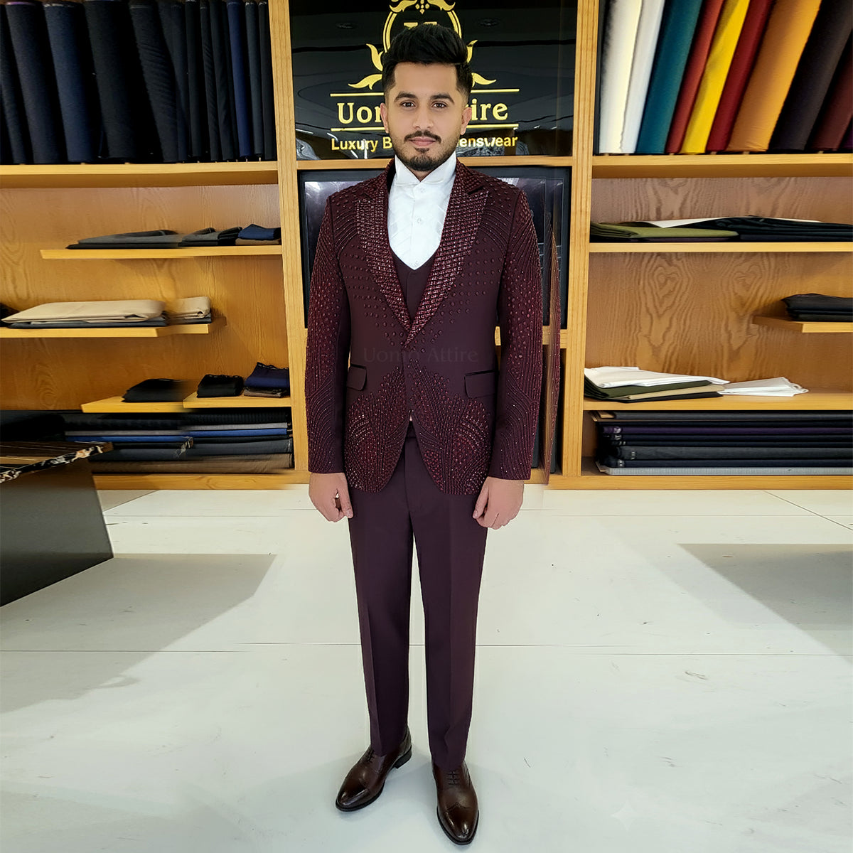 Men's Luxury Maroon Embellished 3-Piece Tuxedo Suit