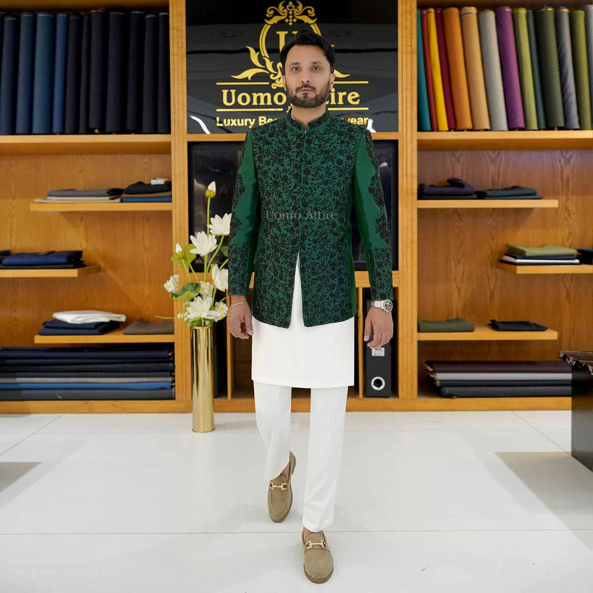 Men's Luxury Emerald Green Embroidered Prince Coat with White Kurta
