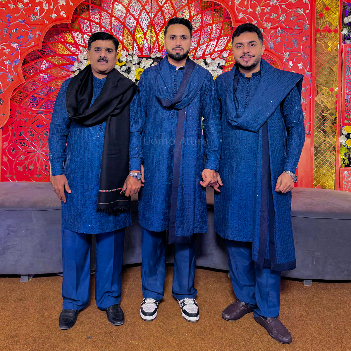 Men's Luxury Navy Blue Embroidered Kurta Pajama with Shawl