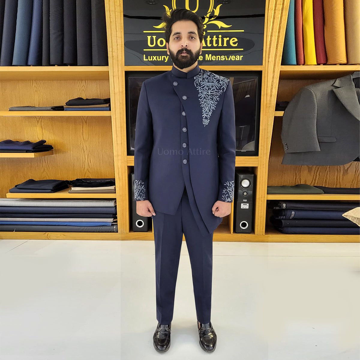 Men's Luxury Navy Blue Embroidered Prince Coat Suit