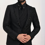 Men's Luxury Black Embellished 3-Piece Tuxedo with Hand-Beaded Lapel & Shoulders