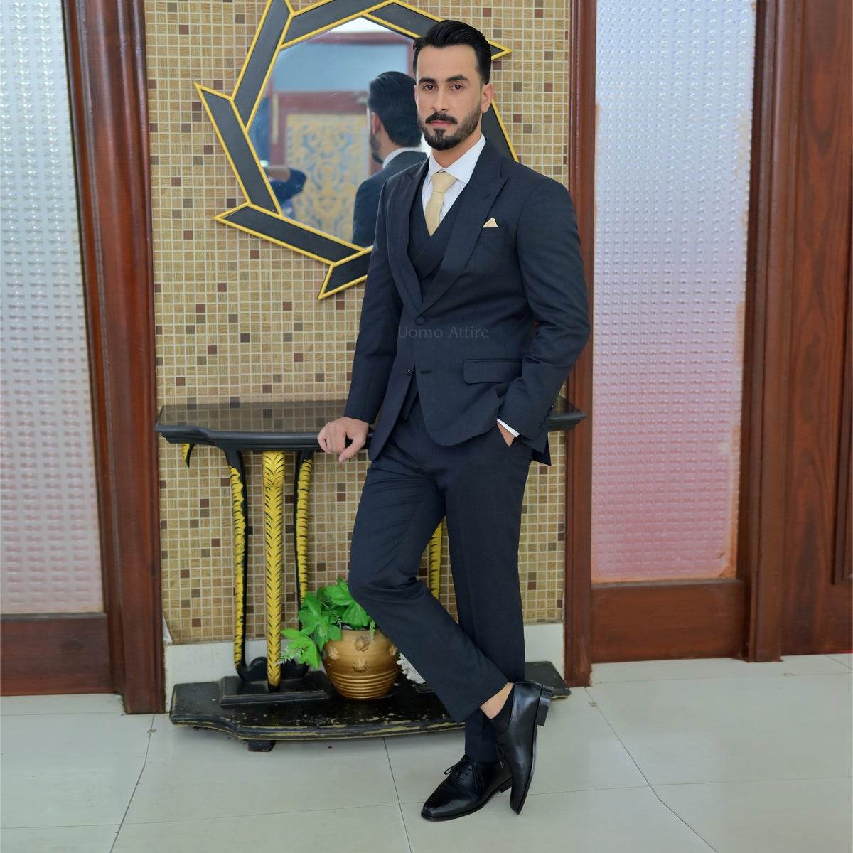 Men's Luxury Charcoal Grey 3-Piece Suit with Gold Tie (Our Client Choice)