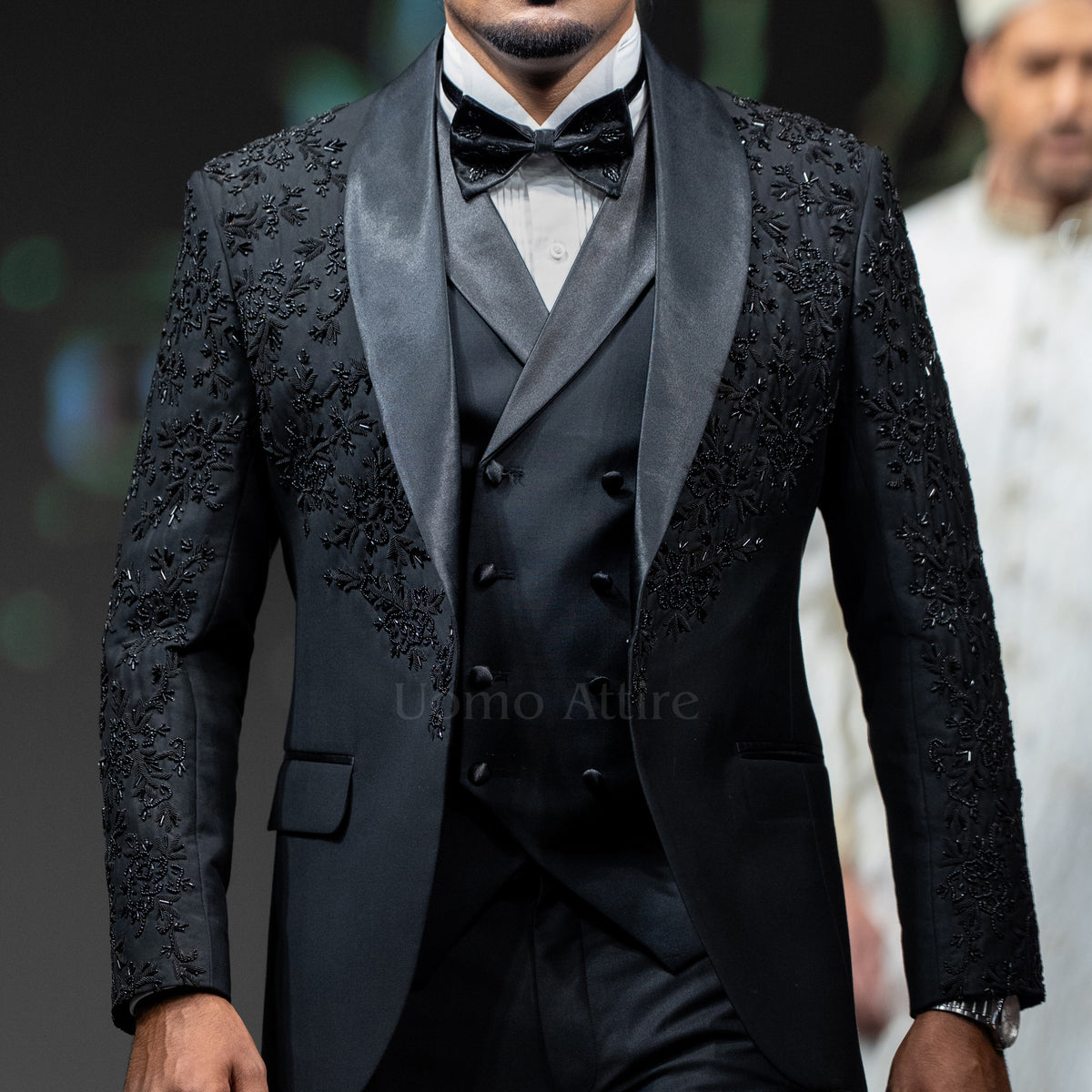 Men's Luxury Black Floral Embroidered 3-Piece Tuxedo with Shawl Lapel