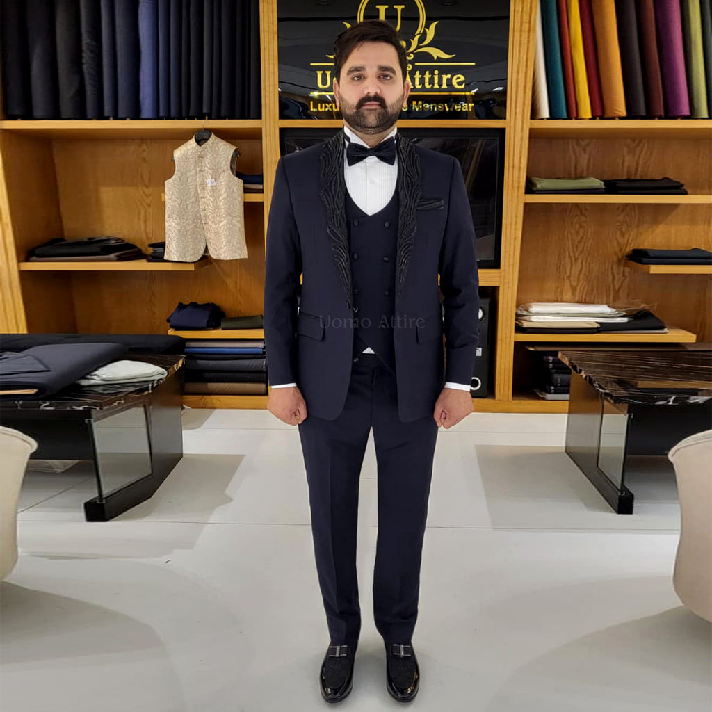 Men's Luxury Navy Blue 3-Piece Tuxedo Suit with Shawl Lapel