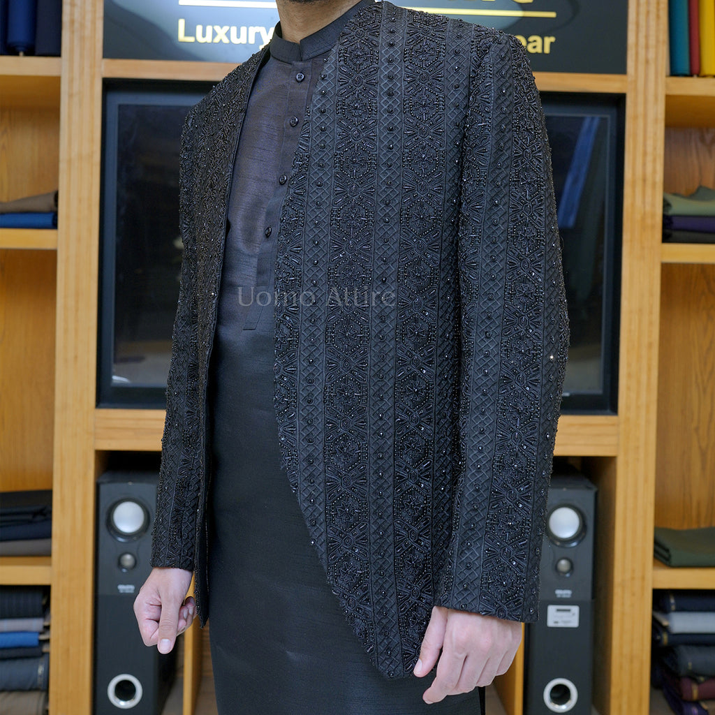 Men's Luxury Black Embroidered Prince Coat with Kurta Pajama