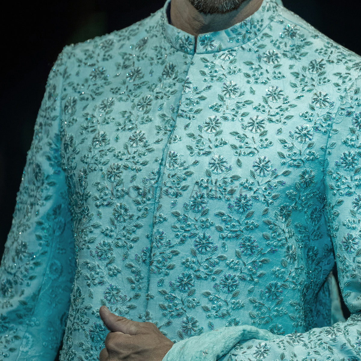 Men's Luxury Ice Blue Embroidered Sherwani with Matching Turban