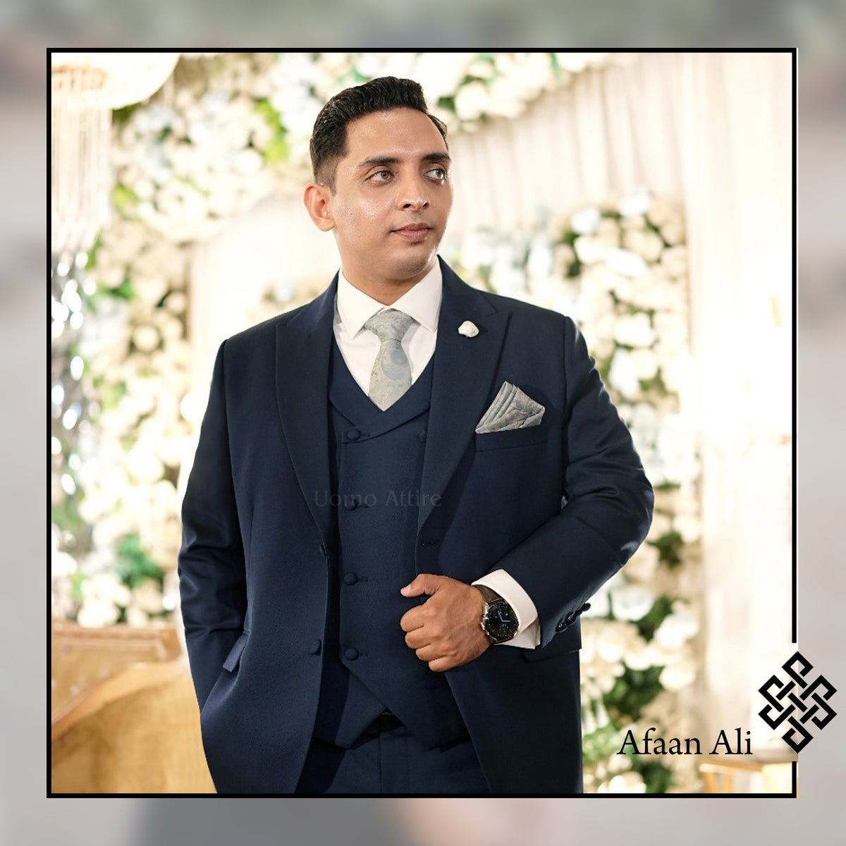 Men's Luxury Navy Blue 3-Piece Suit with Silver Tie (Our Client's Choice)