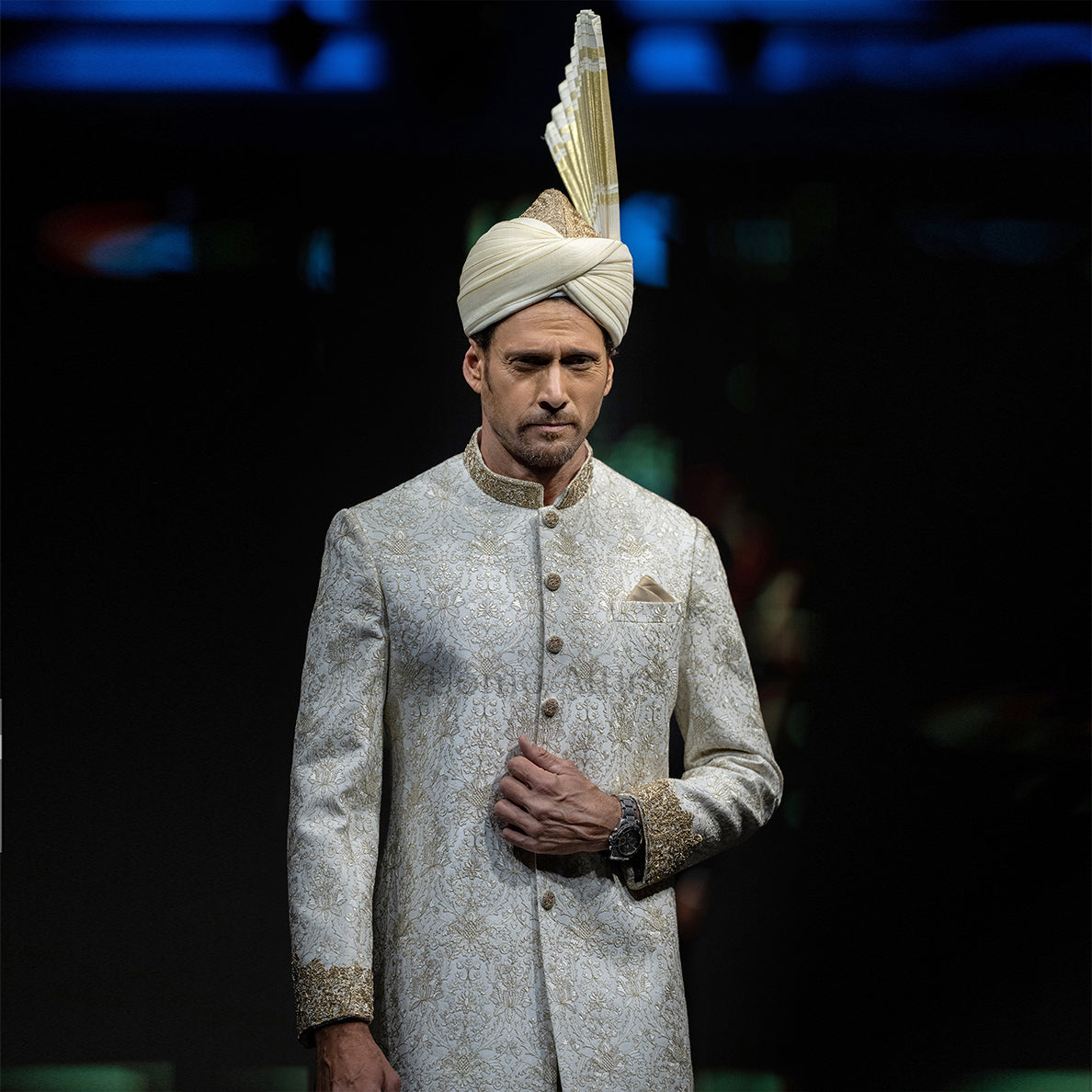 
                  
                    Men's Luxury Ivory & Gold Embroidered Sherwani with Royal Kalgi Turban
                  
                