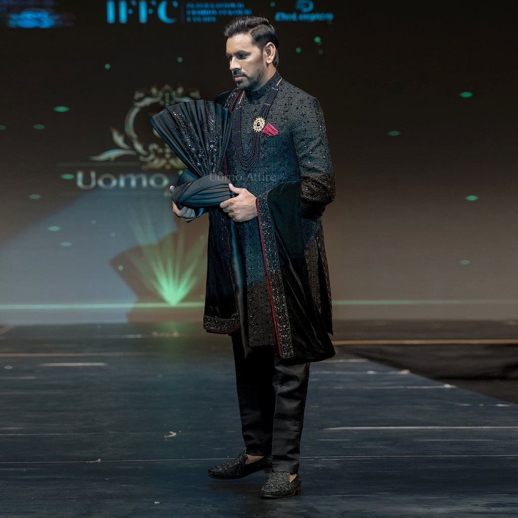 Men's Luxury Black Velvet Embroidered Sherwani with Shawl & Turban