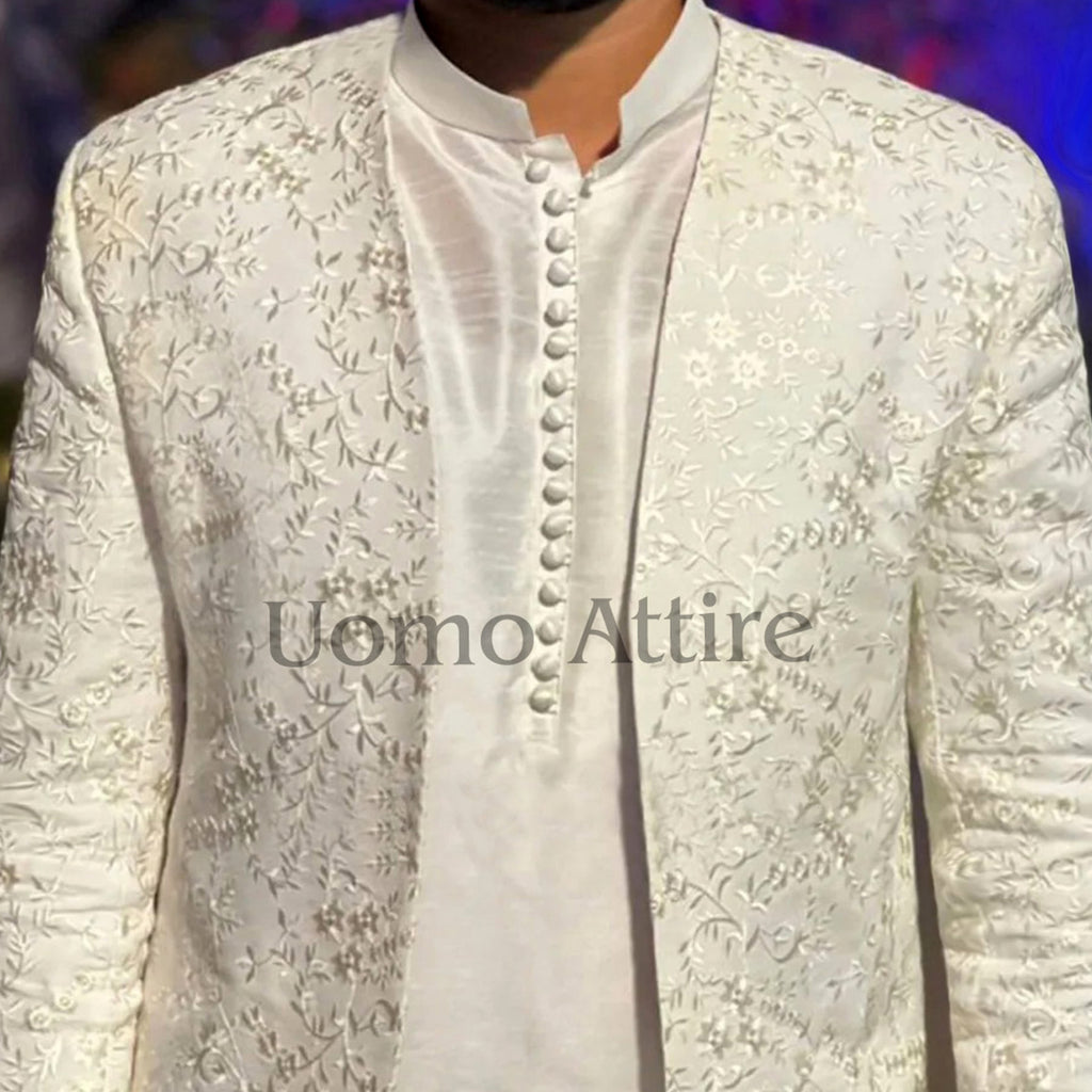 Off-White Embroidered Prince Coat for Groom with Kurta Pajama – Perfect Wedding Outfit