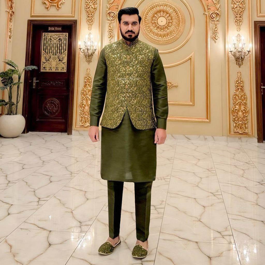 Men's Luxury Olive Green Embroidered Waistcoat Kurta Set