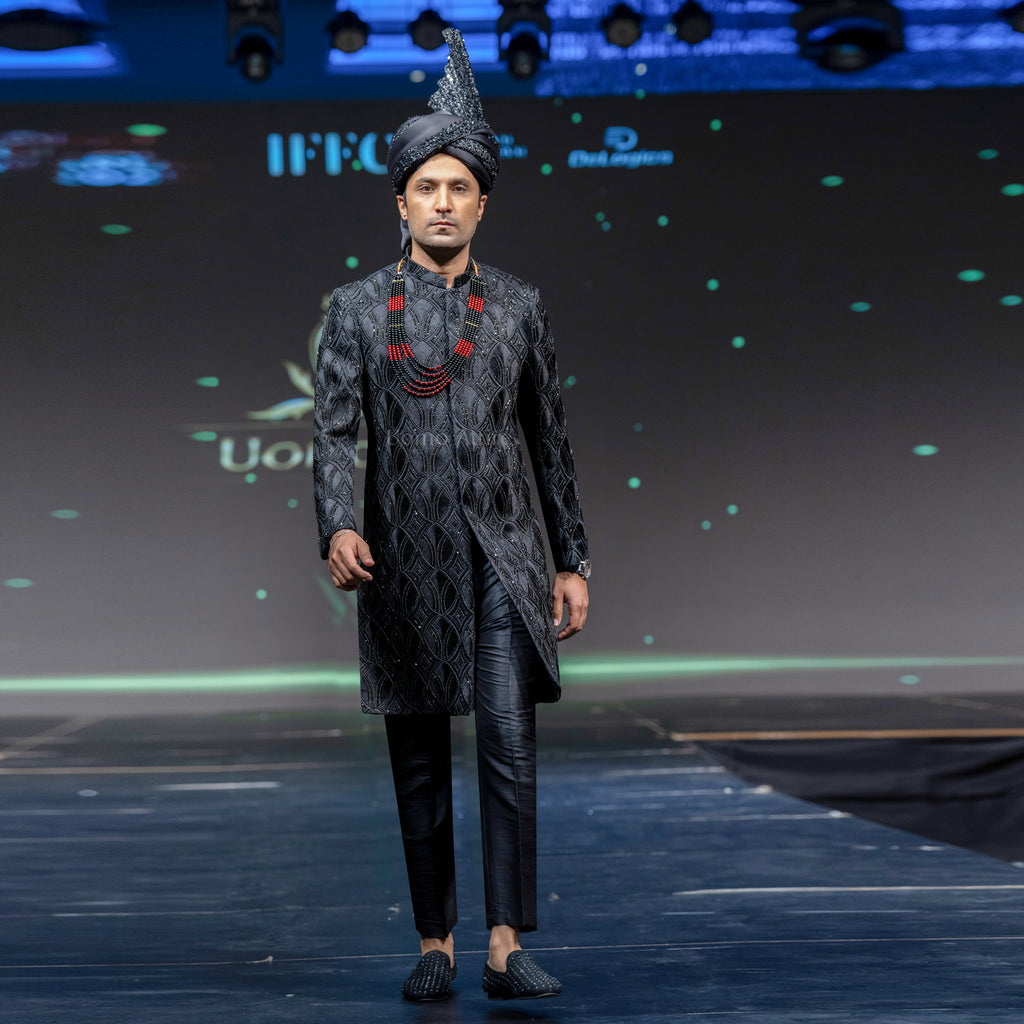 Men's Luxury Black Crystal-Embroidered Sherwani with Groom Turban & Mala