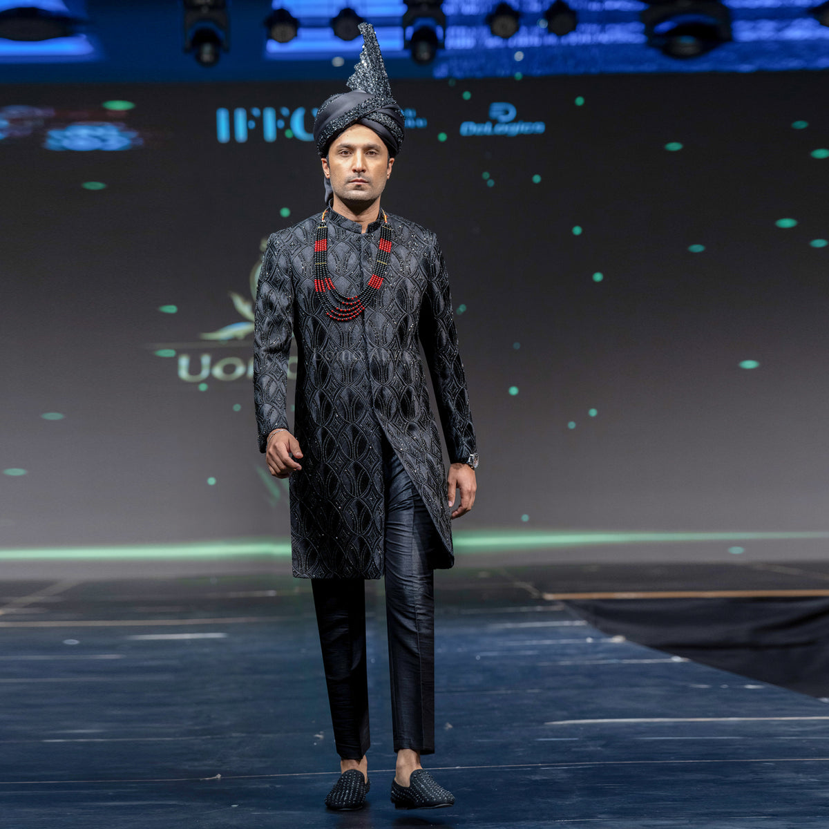 Men's Luxury Black Crystal-Embroidered Sherwani with Groom Turban & Mala