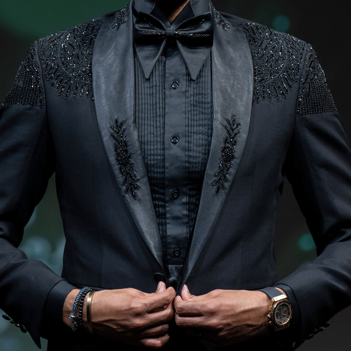 Men's Luxury Black Embellished Shoulder Tuxedo with Cummerbund & Bow Tie