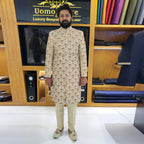 Men's Luxury Cream Embroidered Sherwani with Matching Kurta Pajama