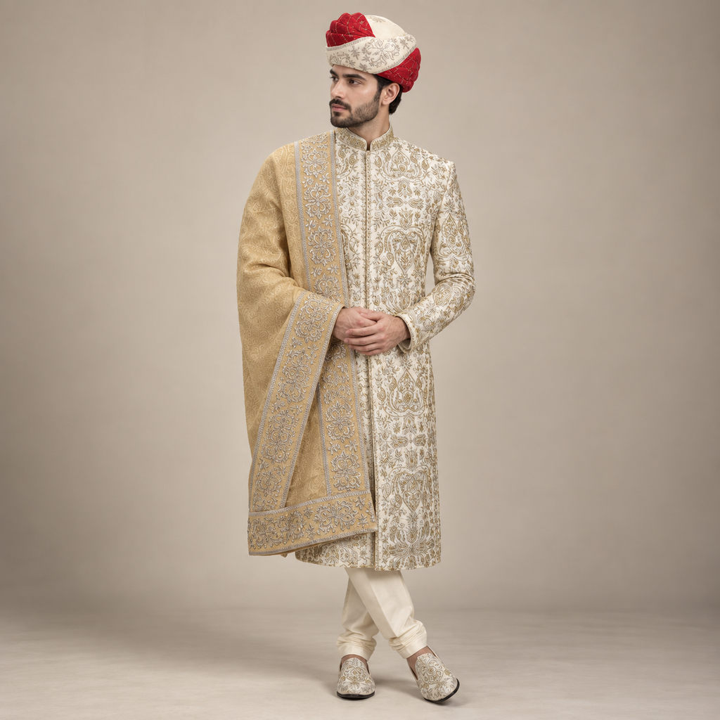 Luxury Off White Men Wedding Sherwani For Groom