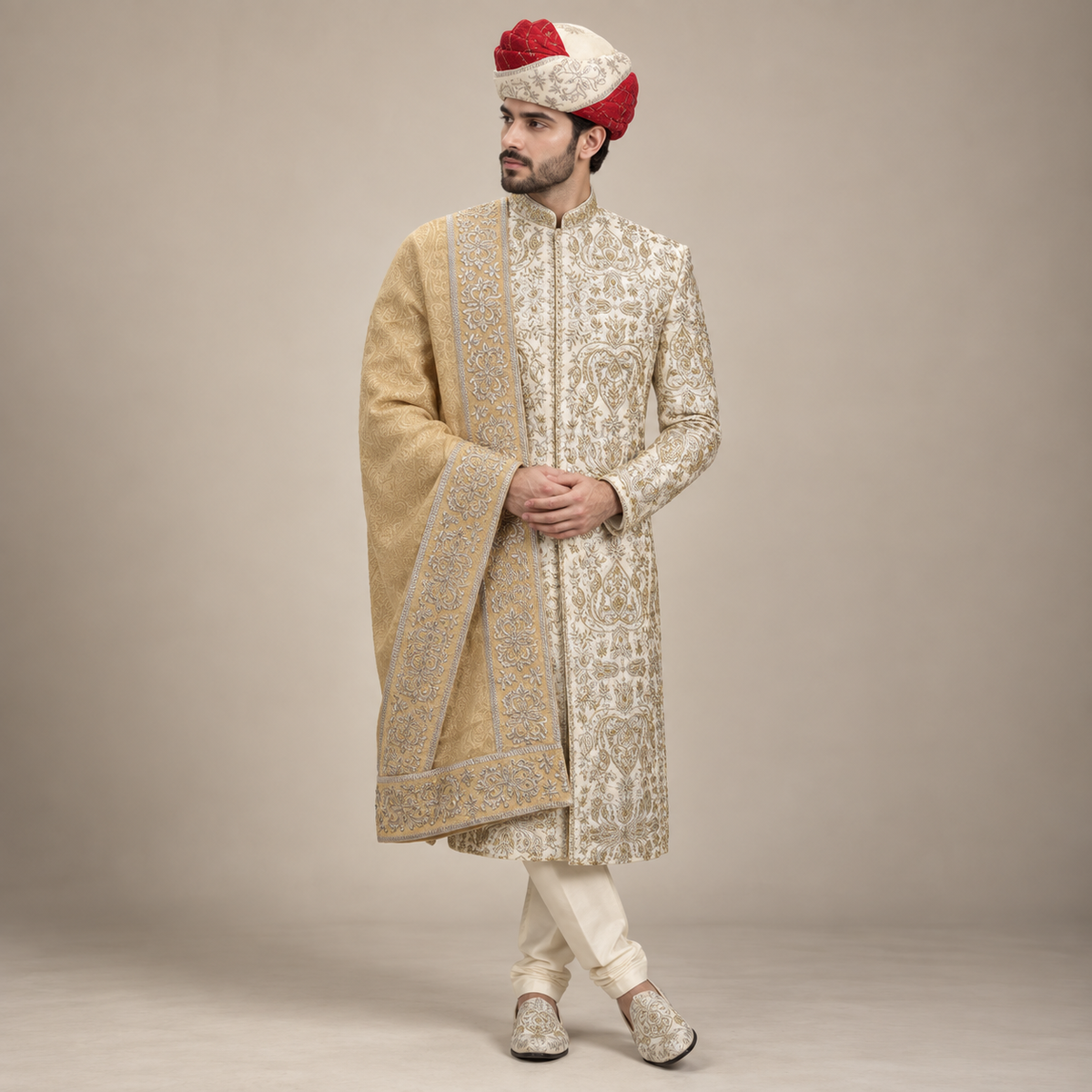 Luxury Off White Men Wedding Sherwani For Groom