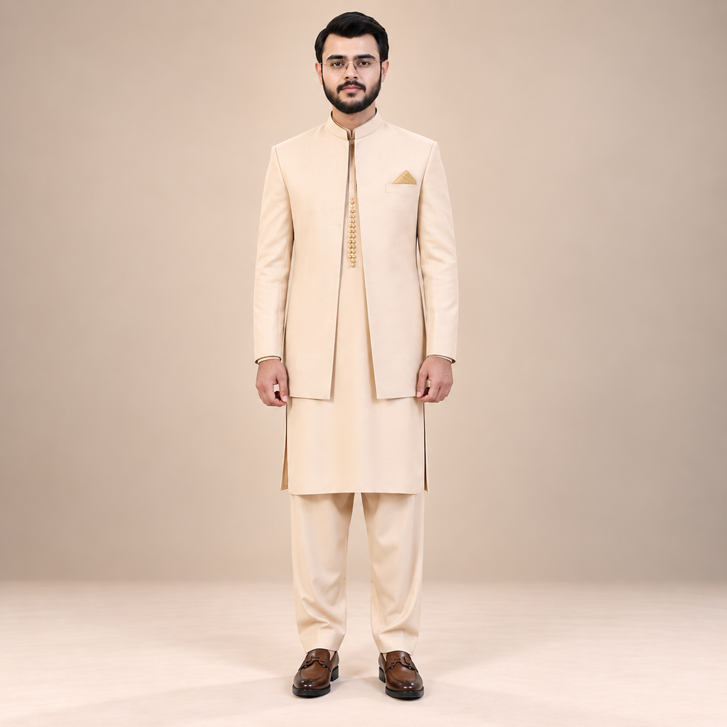 Regal Charm in Peach The Ultimate Prince Coat for Grand Occasions