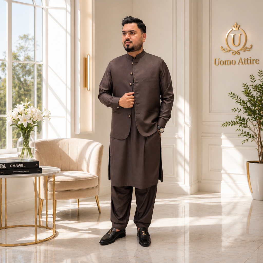Dark Brown Liu Hua Wool Waistcoat for Men Worn by Mr. Ameroz Khan