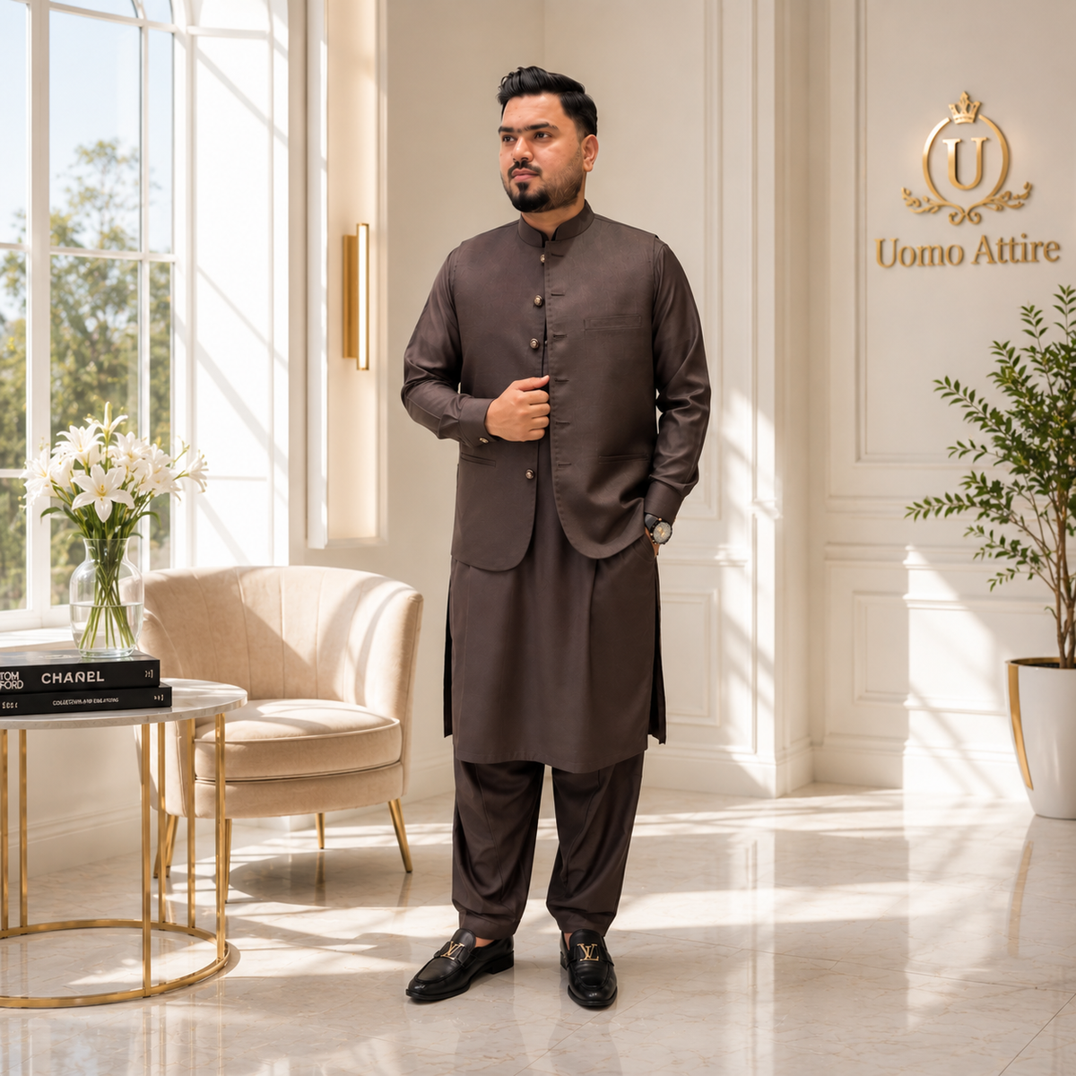 Dark Brown Liu Hua Wool Waistcoat for Men Worn by Mr. Ameroz Khan