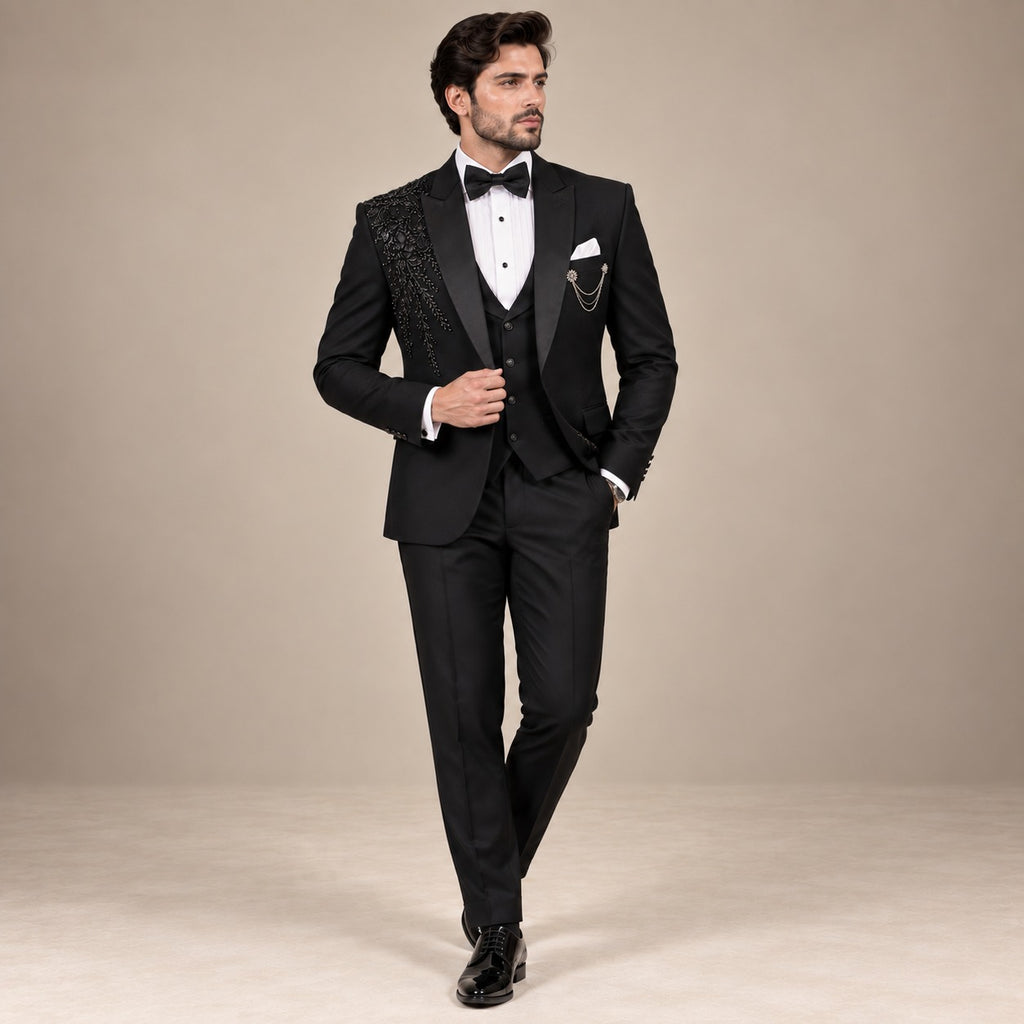 MEN'S BLACK LUXURY HAND-EMBELLISHED TUXEDO FOR WEDDINGS